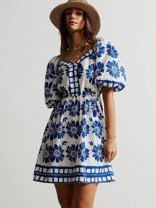 Kukkakuvioinen Puffihihainen Minimekko