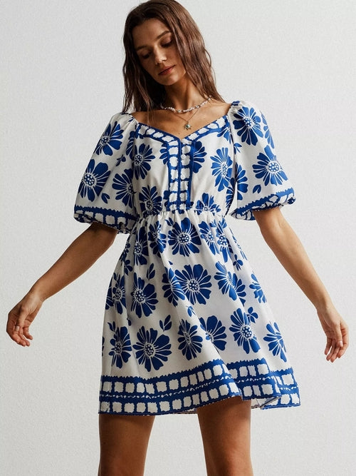 Kukkakuvioinen Puffihihainen Minimekko