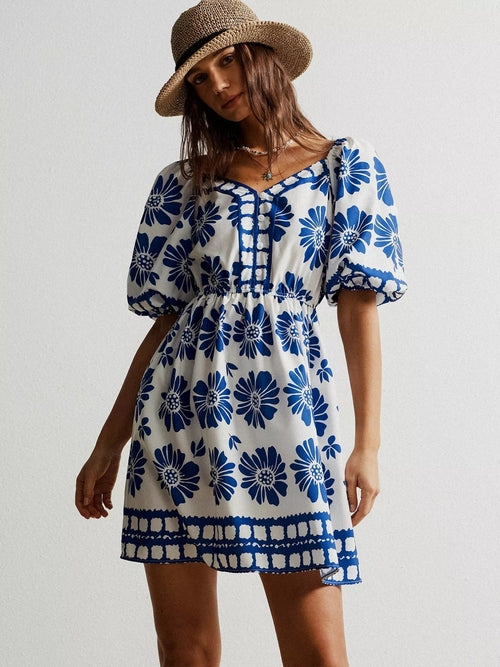 Kukkakuvioinen Puffihihainen Minimekko